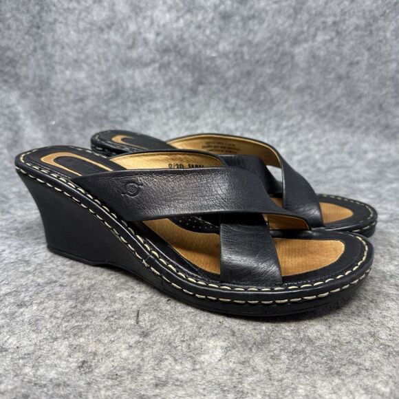 Born Shoes - Born Wedge Sandals Women's Size 8 Black Soft Leather Comfort Strappy